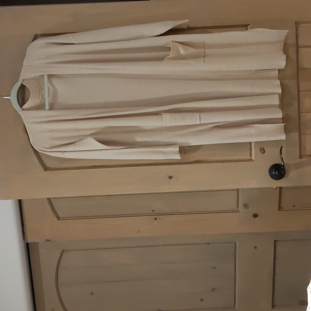 Knee length sweater in tan, size small, by "debut".